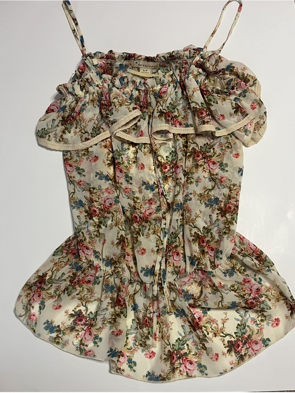 Forever 21 smalll Floral Ruffle Tank Top - Cream Pink Green - Unknown Brand